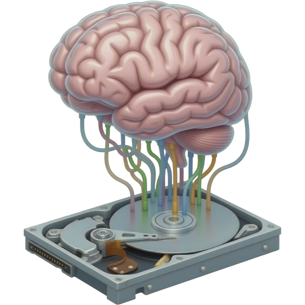 a transparent synthetic brain floats attached to many cables and tubes on a hard drive emoji