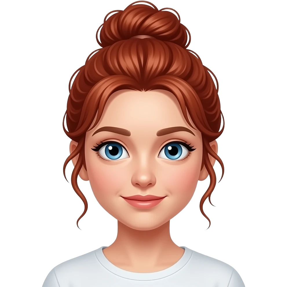 Pretty girl with red hair and blue eyes with a messy bun emoji