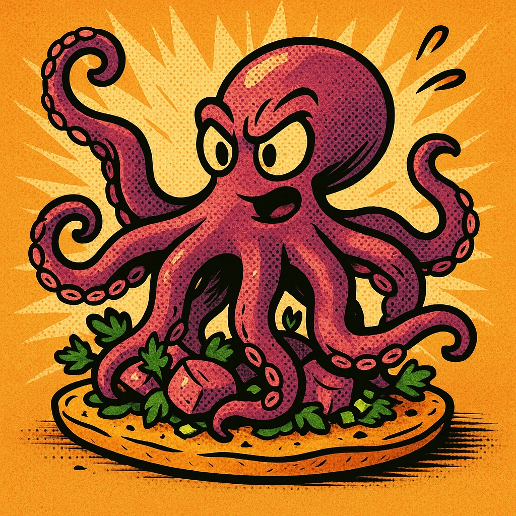 tapa de pulpo, cartoon style, dynamic pose, comic book effect, vibrant palette emoji