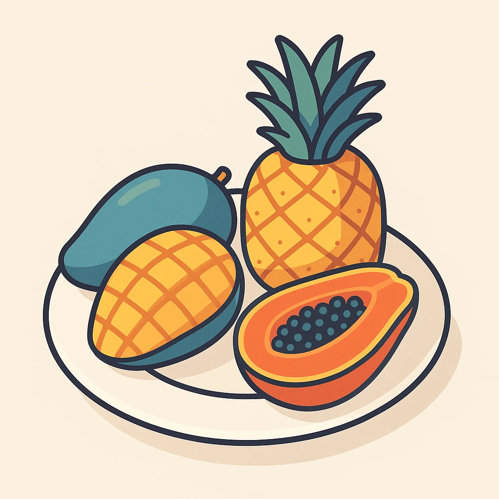 a plate with tropical fruits like pineapple mango and papaya in 2D isometric illustration style emoji