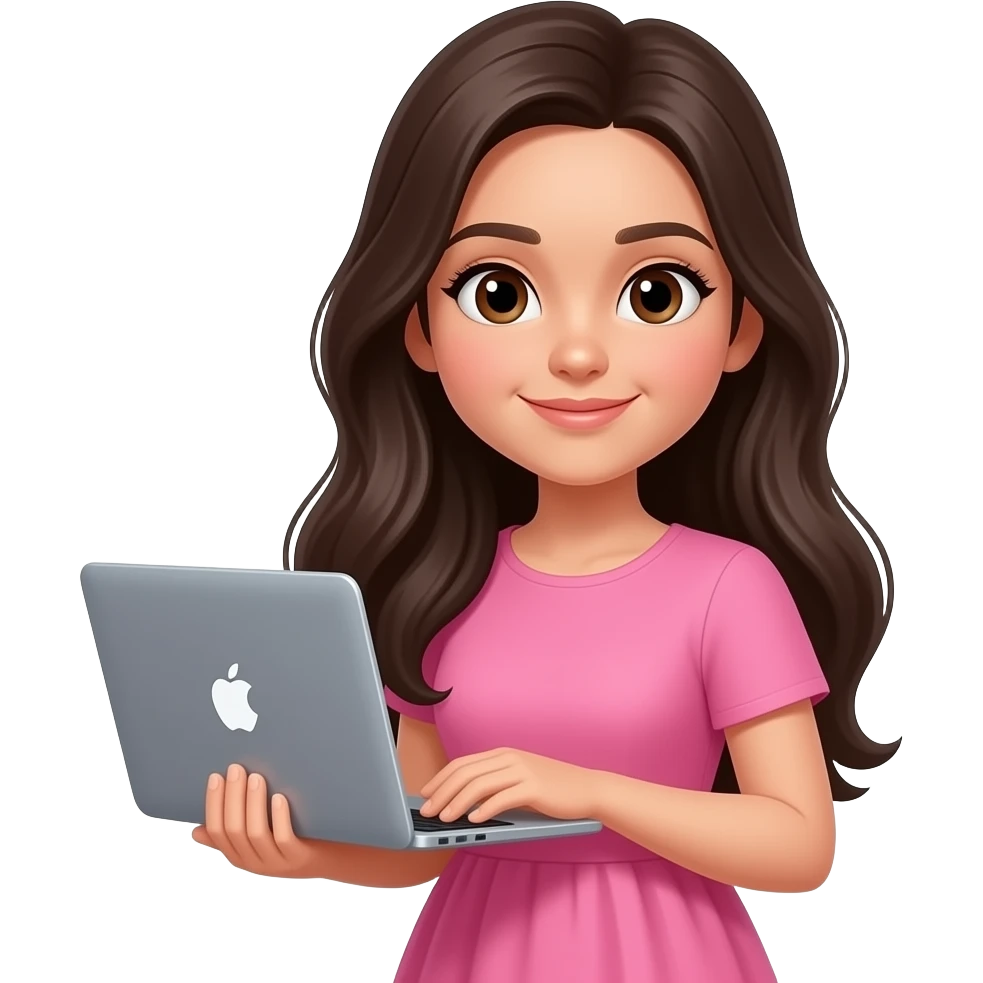 Girl Latina Caucasian with long dark hair no bangs, brown eyes, wearing a pink dress and using MacBook emoji