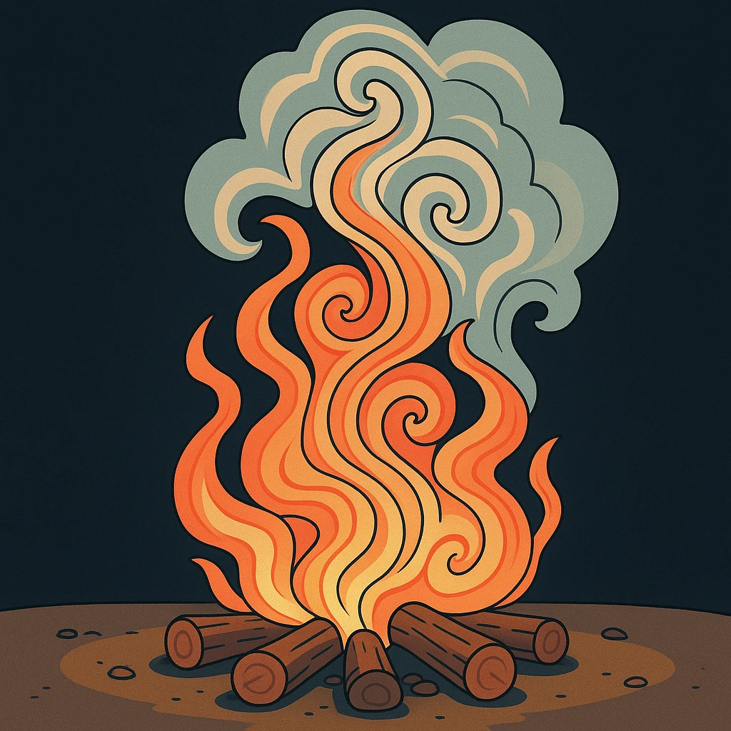 Add a dark background behind the campfire, keeping the fire and smoke hypnotic and swirling, no people, minimal and clear design. emoji