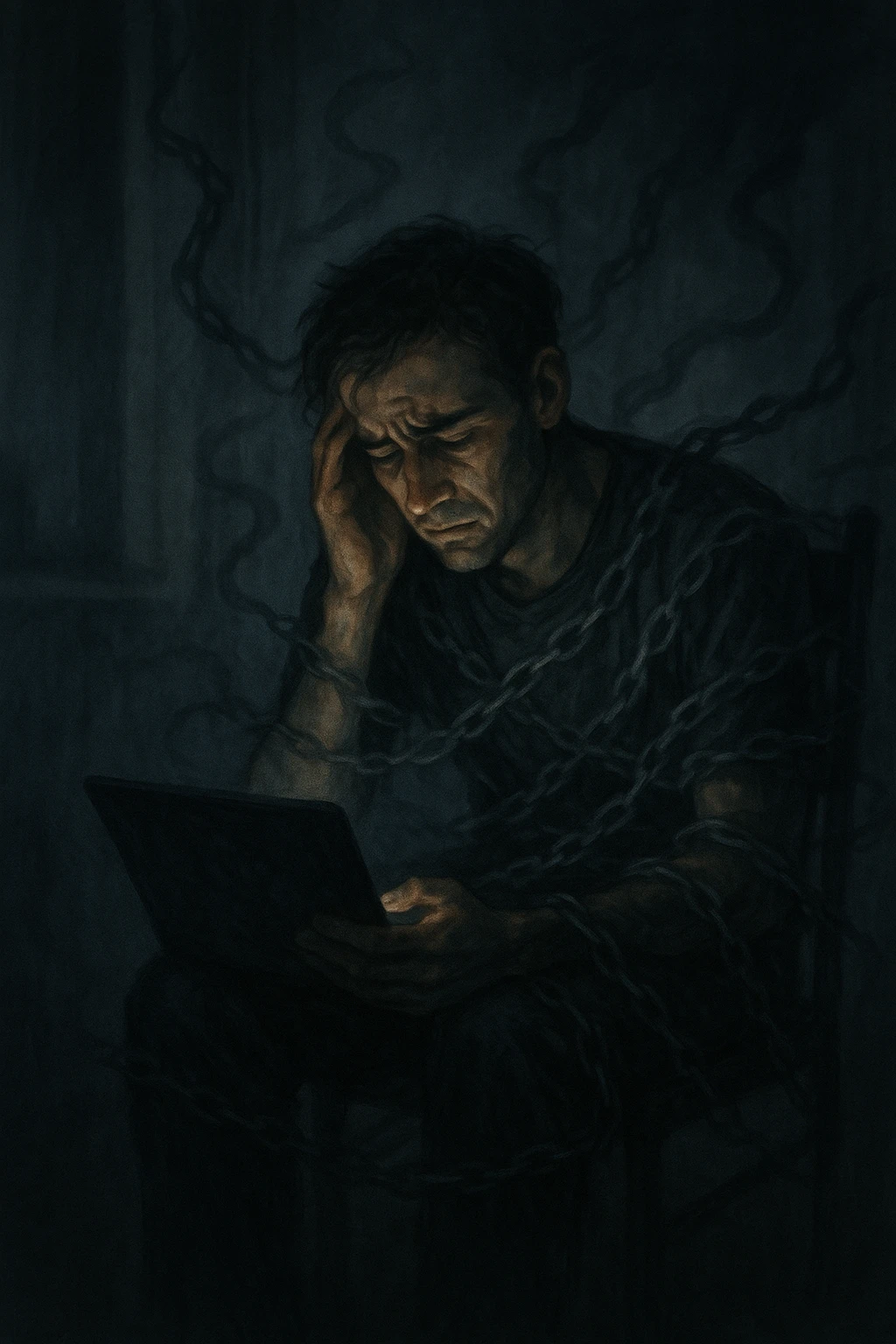 a man sits alone in a dimly lit room at night, illuminated only by the glow of a computer or phone screen. His posture is slouched, and his expression is tired and troubled. Around him, faint, ghostly chains or shadows subtly wrap around his body, symbolizing addiction and emotional distress. The background is blurred, emphasizing isolation and discomfort. in italiano emoji