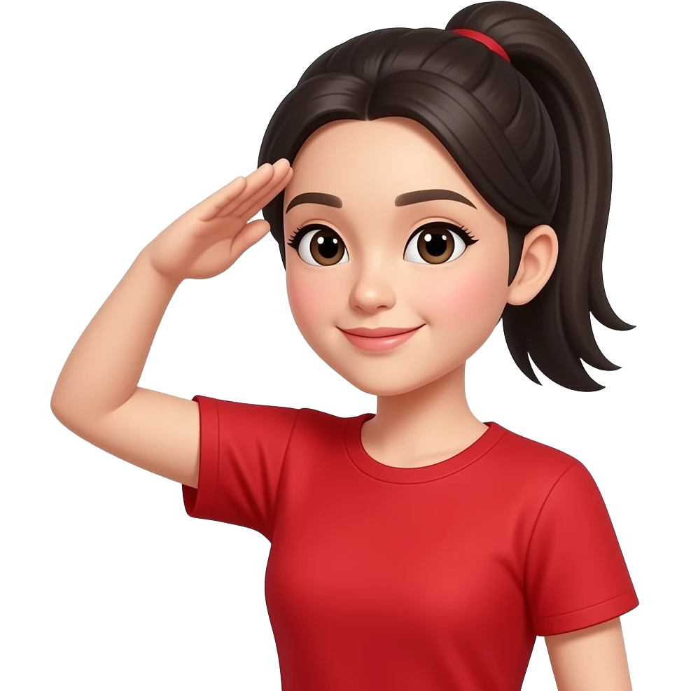 chinese woman saluting in red t shirt with pony tail emoji