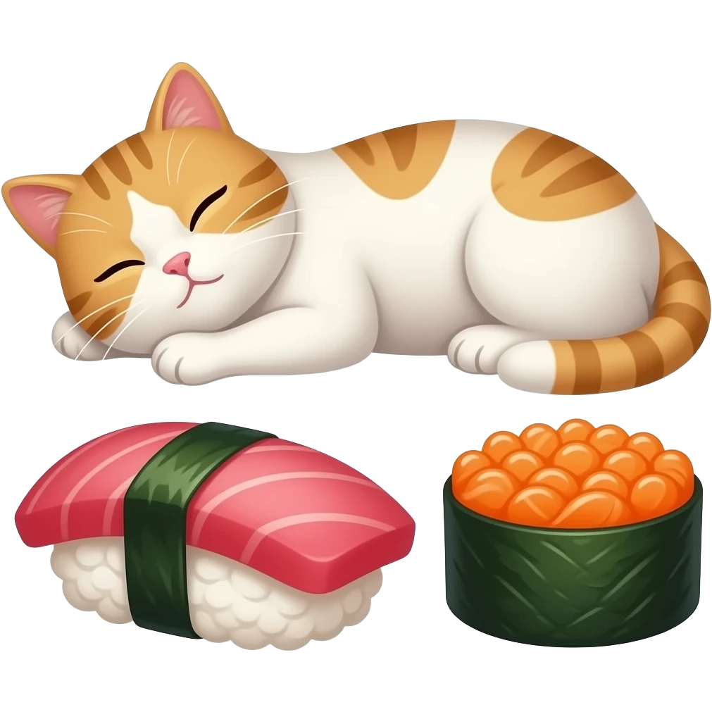 a cat napping next to a piece of tuna nigiri emoji