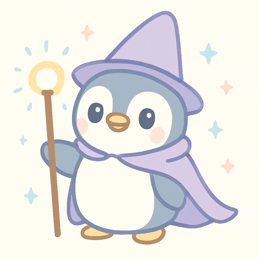a heroic penguin wizard with a flowing cape, staff, and mystical aura emoji