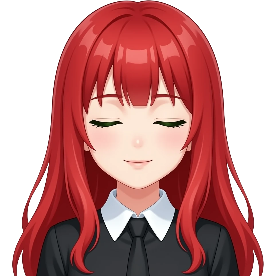 anime girl eyes closed long red hair green eyes black blouse with white collar emoji