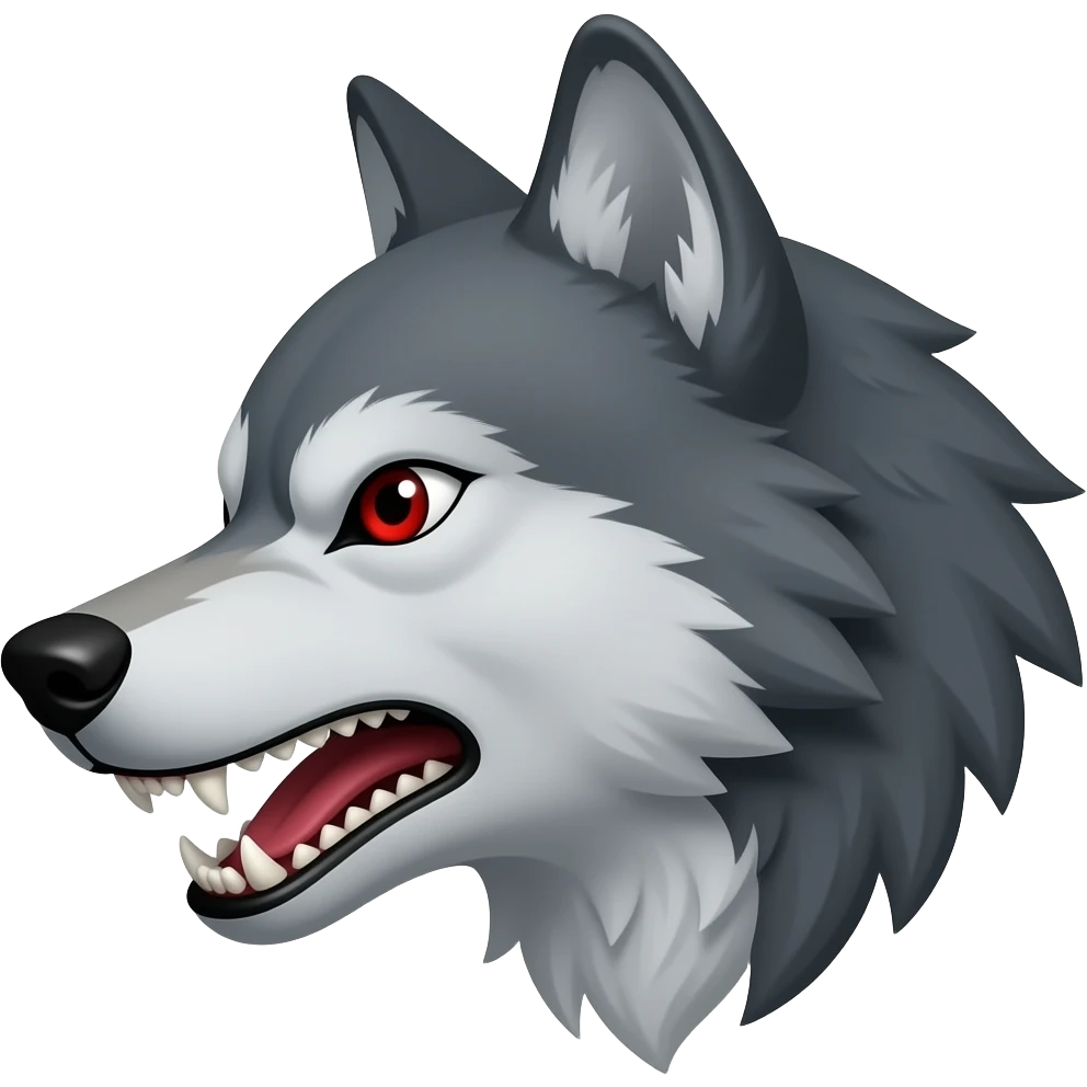 Angry gray wolf with visible red eye only face teeth barred side profile emoji