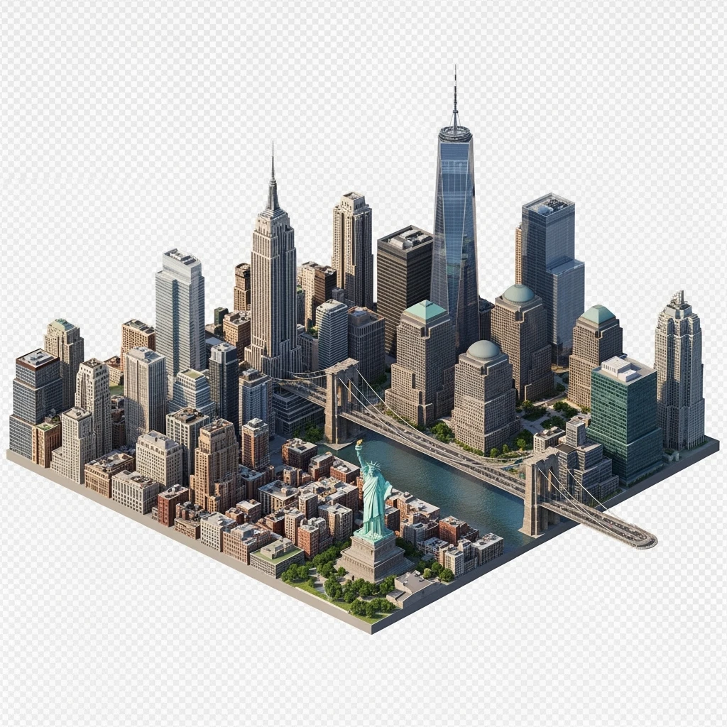 Isometric miniature of New York Сity Empire State Building, One World Trade Center, Statue of Liberty, Brooklyn Bridge, and Central Park chaotic low-rise blocks in outer boroughs 3D miniature effect and Tilt Shift effect, no cartoonish look, transparent background. emoji