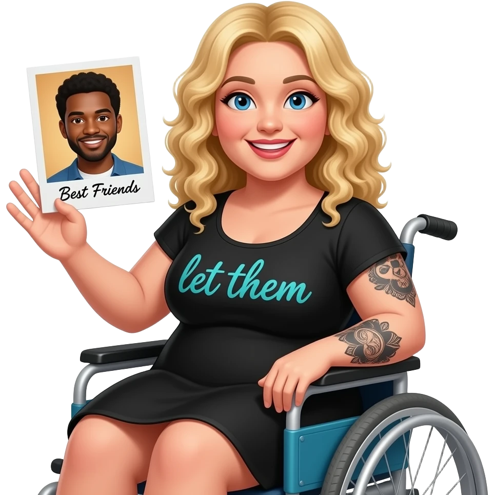 Plus size women waving in wheelchair Blonde curly hair blue eyes black tattoos on right lower arm wearing a black summer dress “let them” ”in cursive teal writing holding a Polaroid photo of a African American man with black hair brown eyes saying “Best Friends” in cursive writing emoji