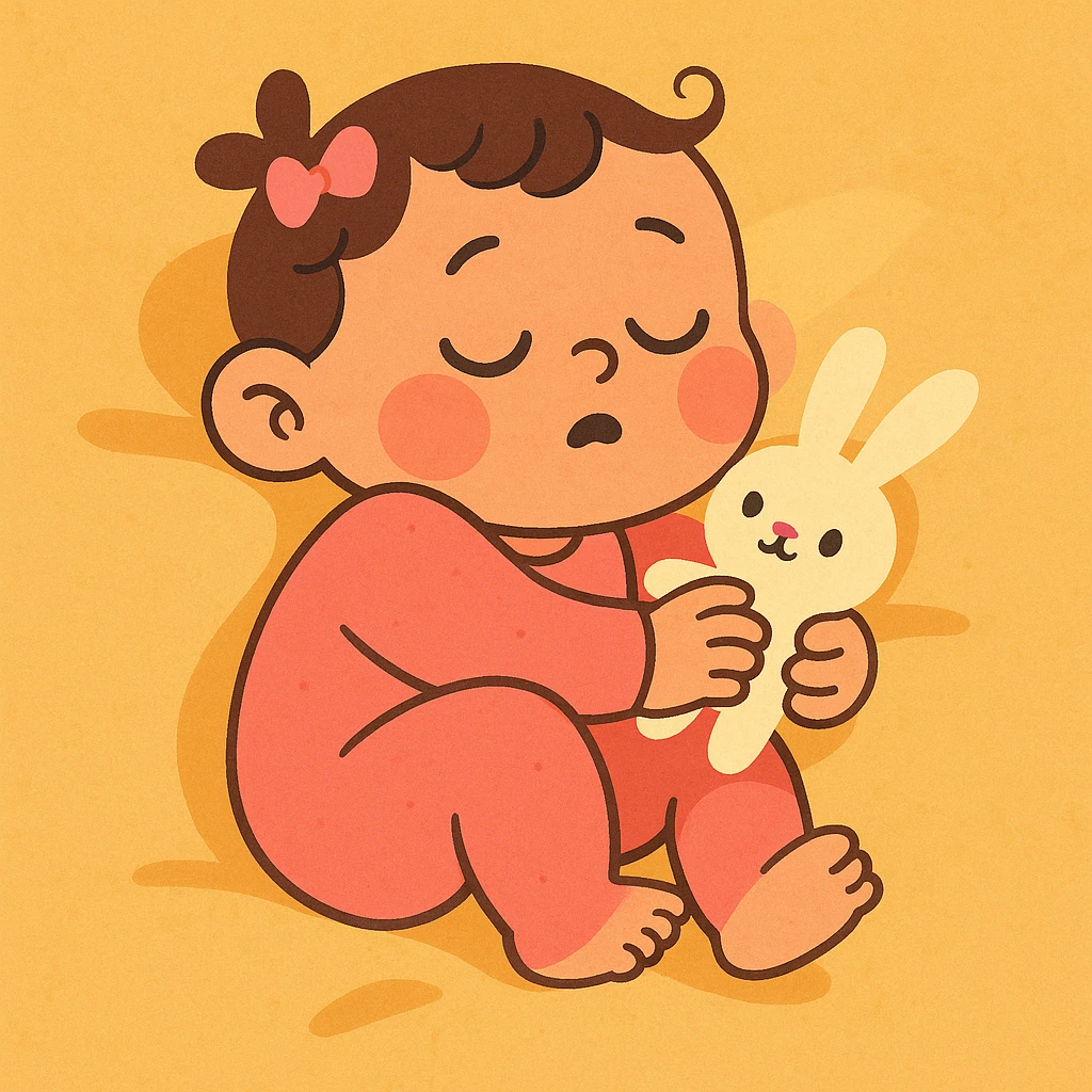 a baby girl napping with a small stuffed animal, cozy and warm atmosphere emoji