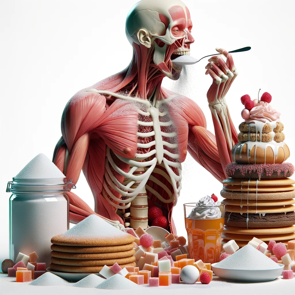 corpo umano anatomico che si abbuffa di dolci e zuccheri, montagna di zuccheri davanti a lui, iperrealistico 4k, isolato su sfondo bianco emoji