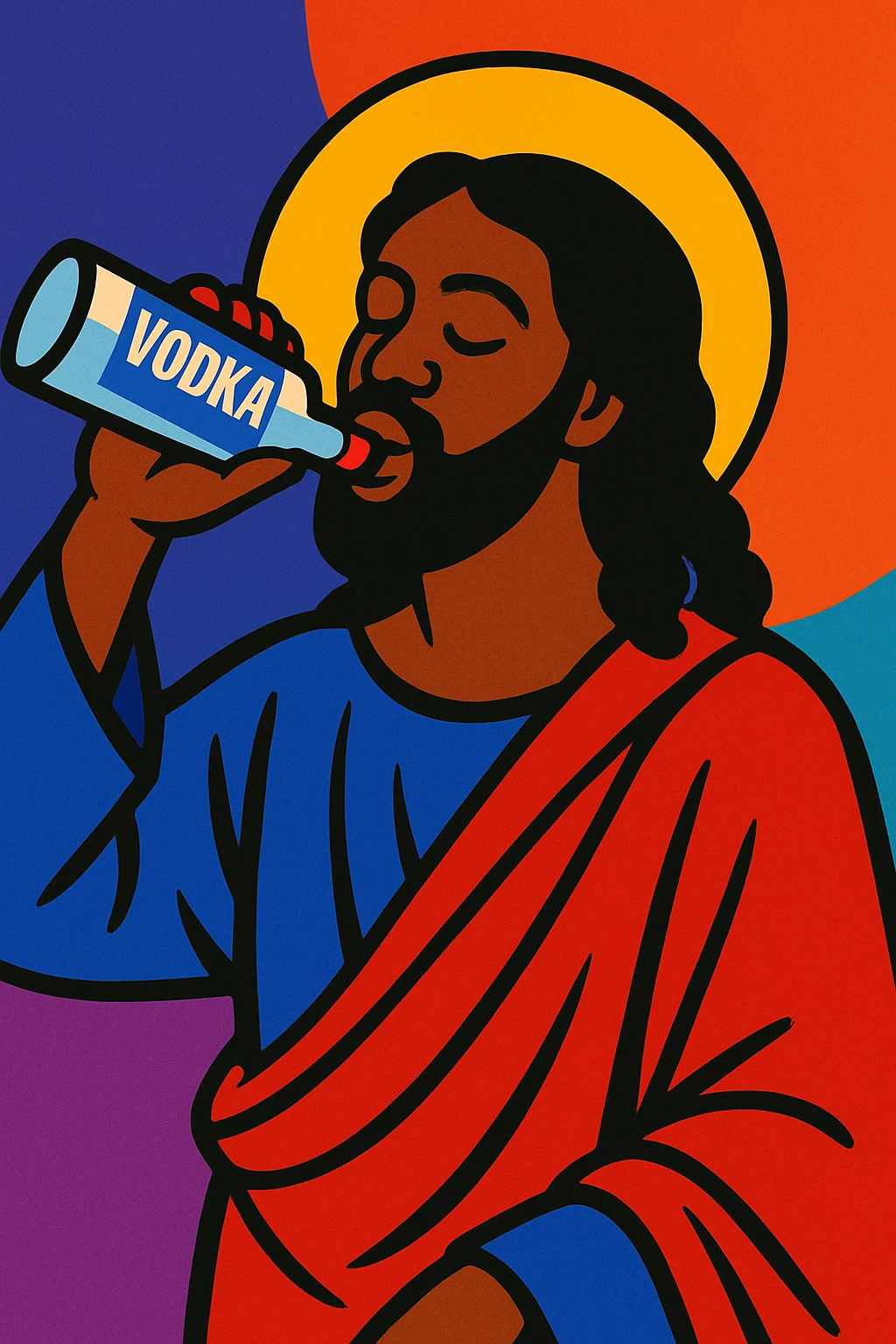 Black Jesus drinking vodka, expressive, respectful, modern illustration, vibrant colors, contemporary art style emoji