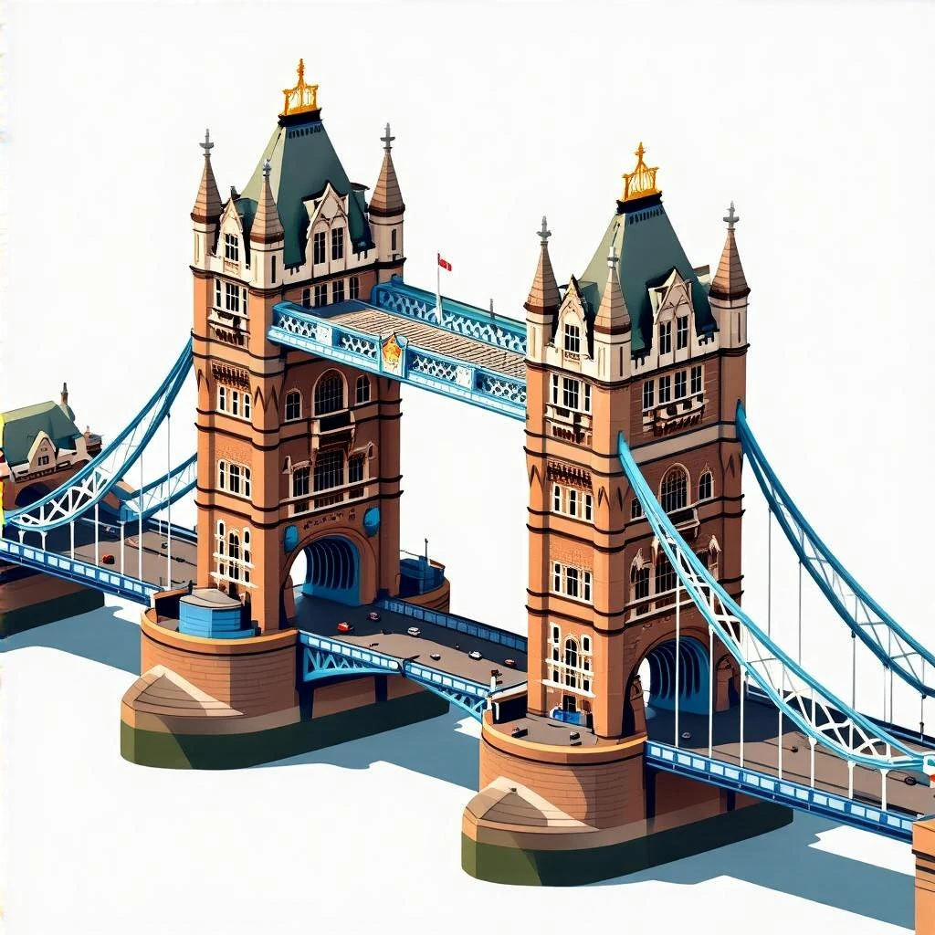 Isometric illustration of photorealistic Tower Bridge in London, detailed towers and suspension sections, subtle brick and metal textures, miniature style with soft shadows, transparent background. emoji
