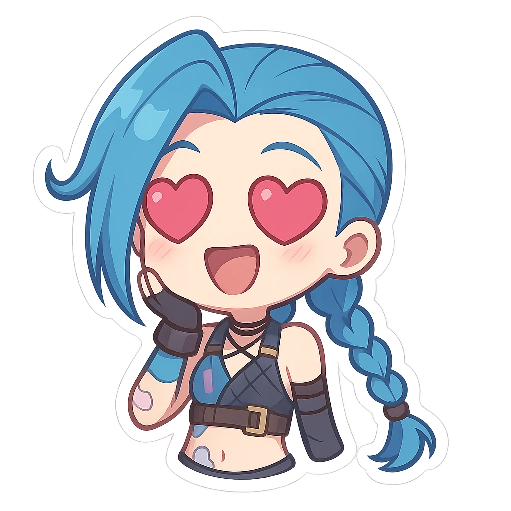 Jinx from League of Legends with heart-shaped eyes, chibi style, wearing a blue outfit emoji