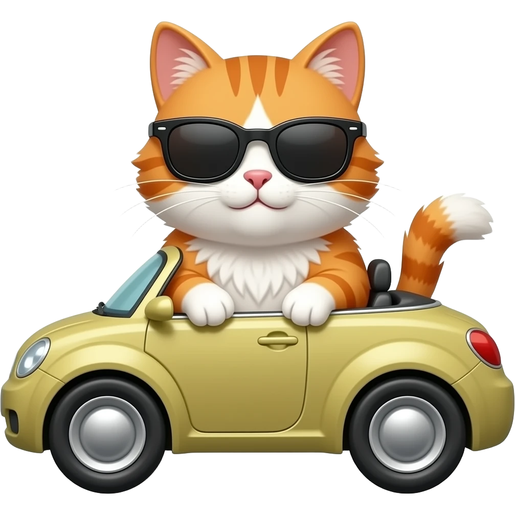 a orange and white fluffy cat with sunglasses in a car emoji