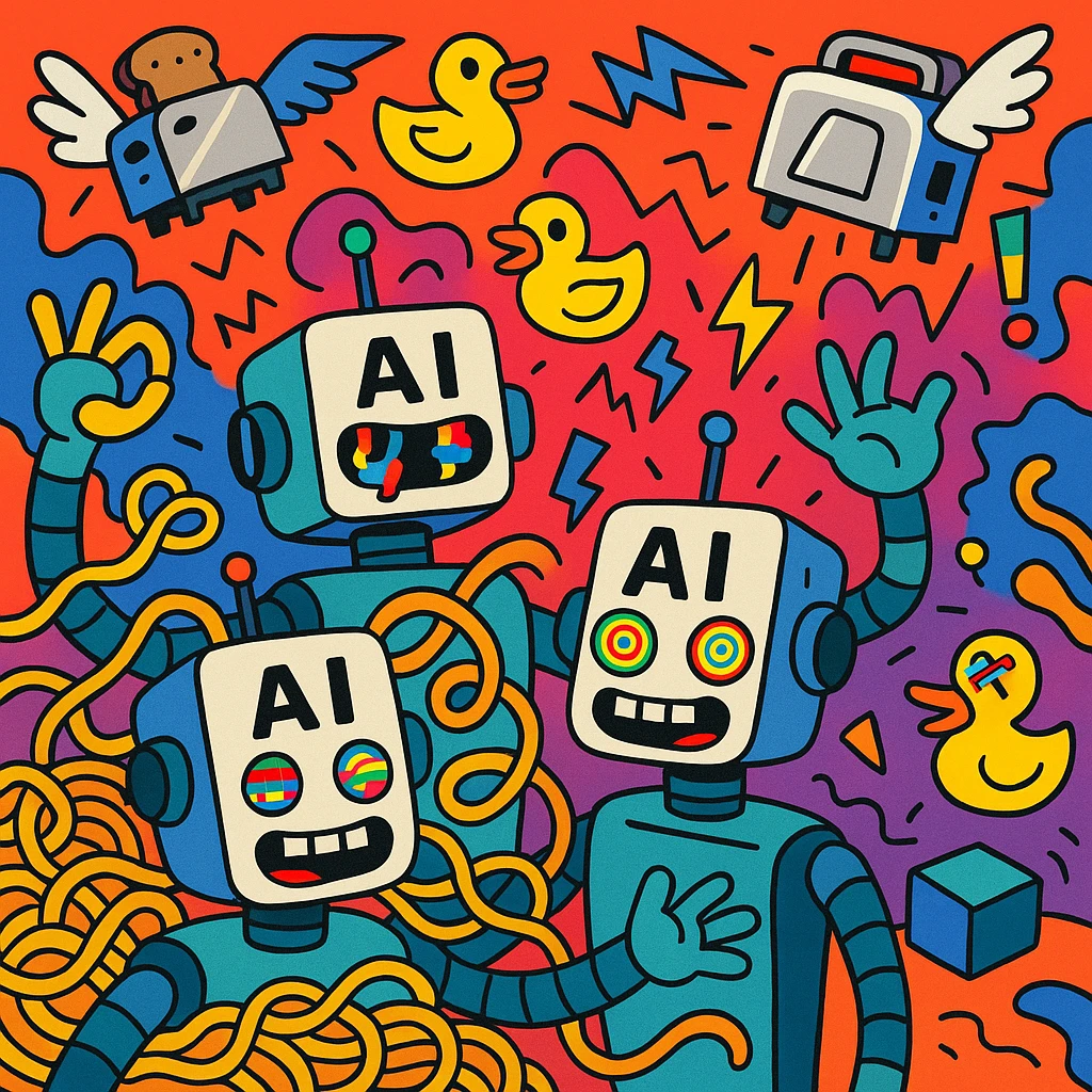 surreal chaotic scene with AI robots surrounded by absurd objects like rubber ducks, spaghetti, flying toasters, wild glitchy expressions, vibrant cartoon style, humorous AI insanity emoji