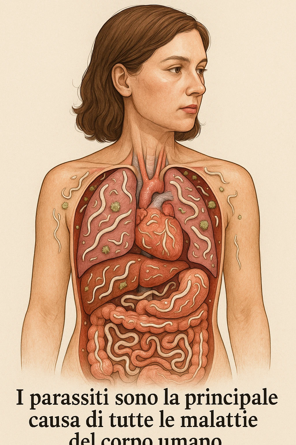 Donna con parassiti nel corpo che è la principale causa di tutte le malattie del corpo umano in italiano emoji