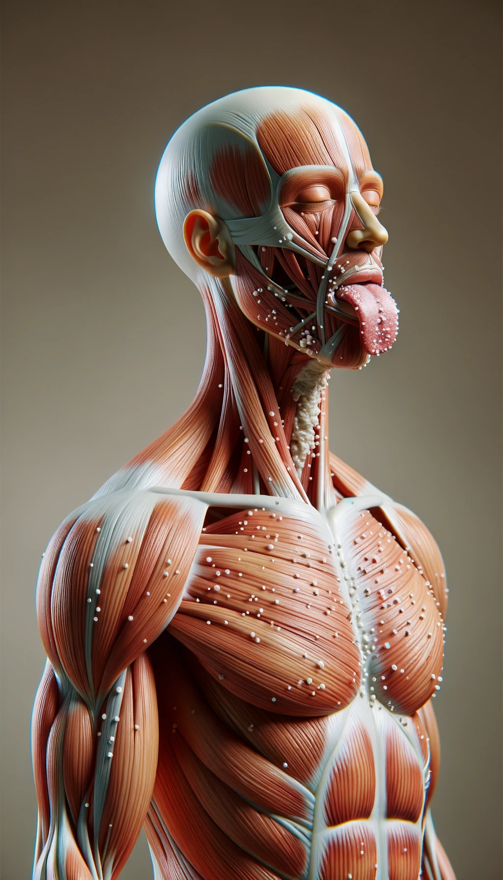 CORPO UMANO ANATOMICO IN PIEDI FRONTALMENTE CHE TIENE LA LINGUA UN PO' FUORI ED è PIENA DI MACCHIE BIANCASTRE, NEUTRAL CLEAR BACKGROUND, COLORI REALISTICI DEI MUSCOLI, iperrealistico 4k emoji