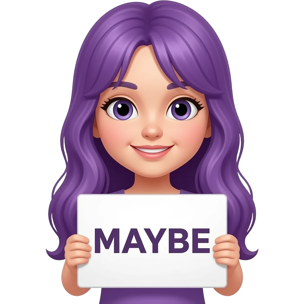 girl with long purple hair holding a MAYBE sign emoji