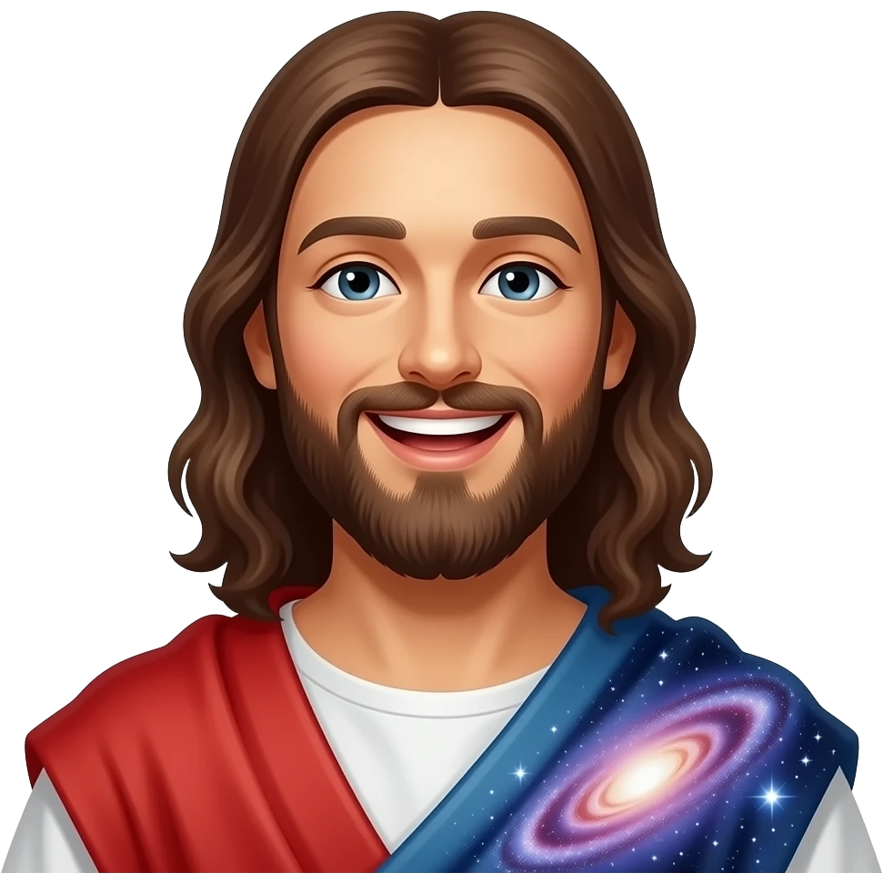 Laughing Jesus and the galaxy on his shoulder emoji