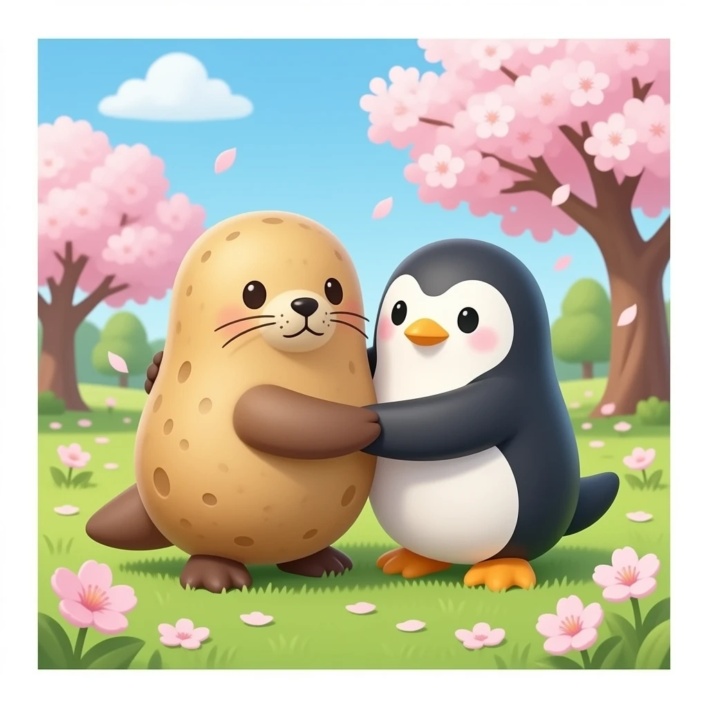 Please make a potato that is fur seal-shaped and a potato that is penguin-shaped next to it. And they hug each other in the sakura garden. emoji