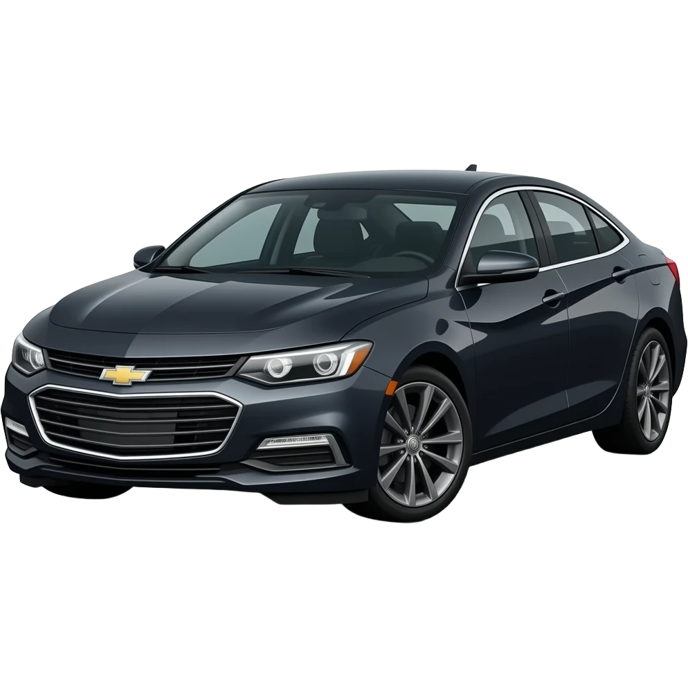 A realistic, high-detail photograph of a glossy black Chevrolet Malibu 2 Turbo Premier sedan with tinted windows and black alloy rims, bright LED headlight balls emitting a dinamic brighting glowing effect emoji