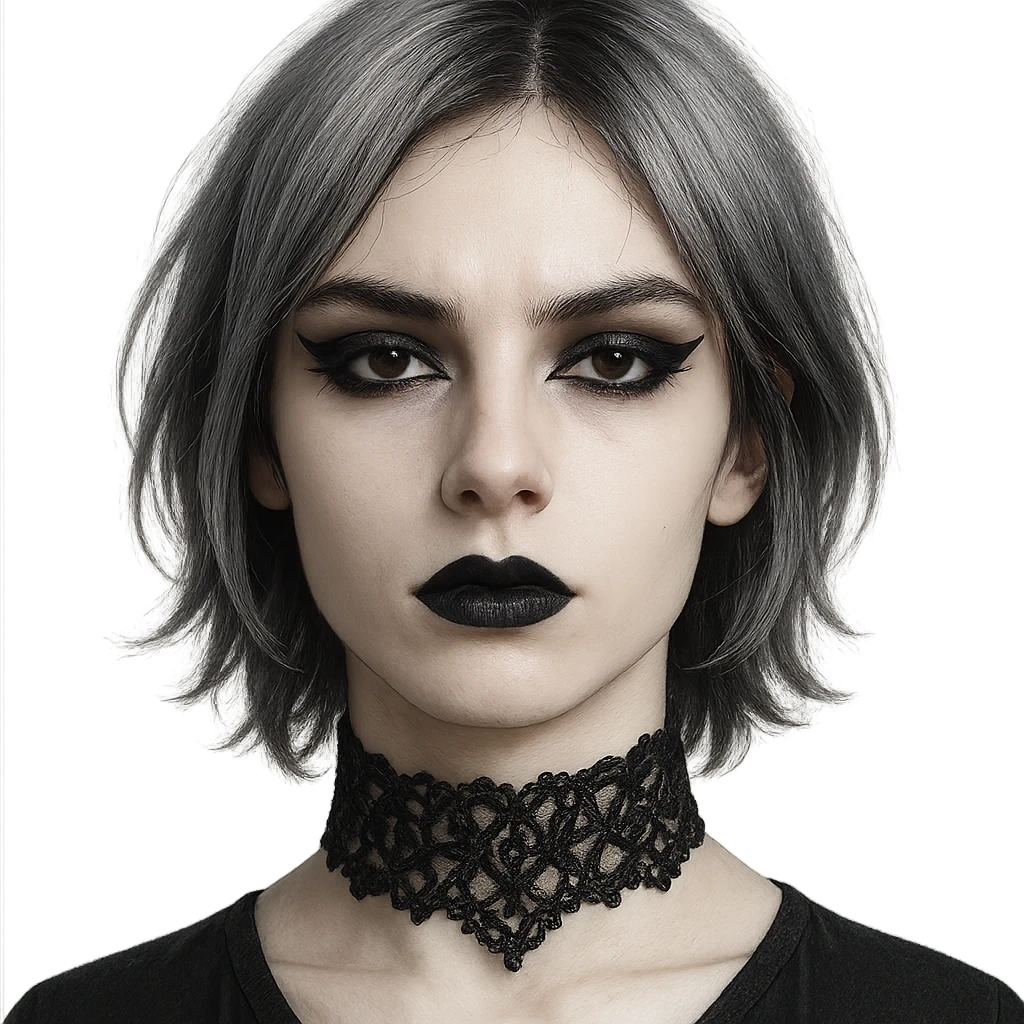 goth face, androgynous, silver hair, black lace choker, dramatic eyeliner emoji