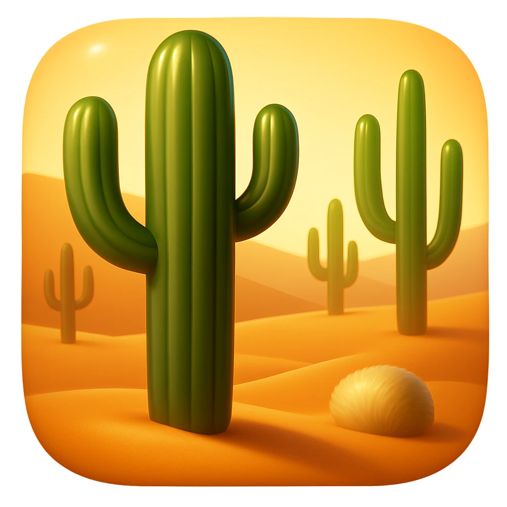 Create a desert emoji exactly like the reference image in iOS emoji style. Include the same cacti, sand, and colors with a smooth and shiny appearance. Add a subtle highlight to the emoji. emoji