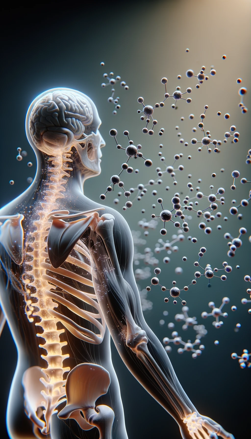 corpo umano anatomico circondato da molecole di dopamina che fluttuano in aria, iperrealistico 4k emoji