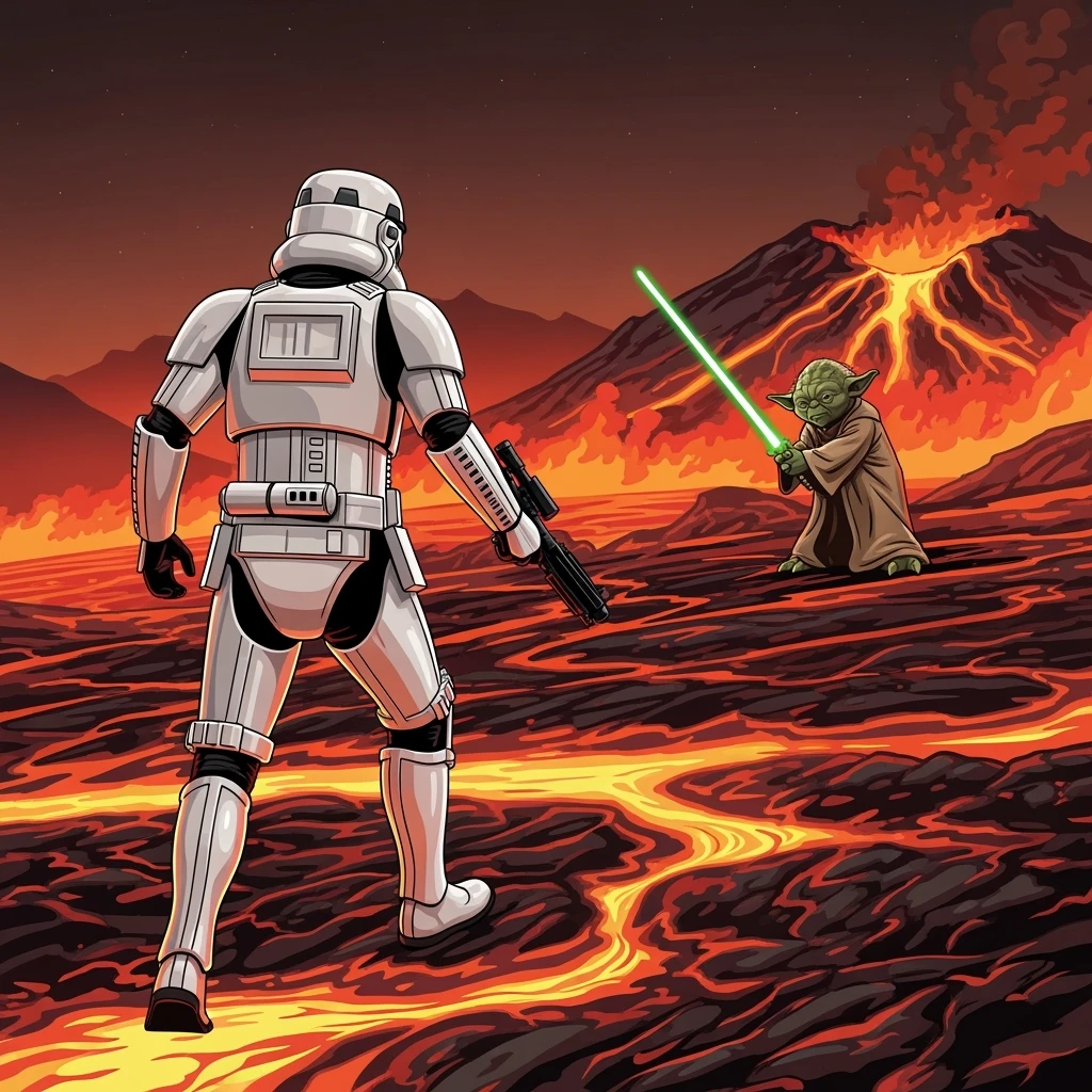 vector art of a Starwars stormtroopers is walking on lava planet with yoda, battleground background 
 emoji