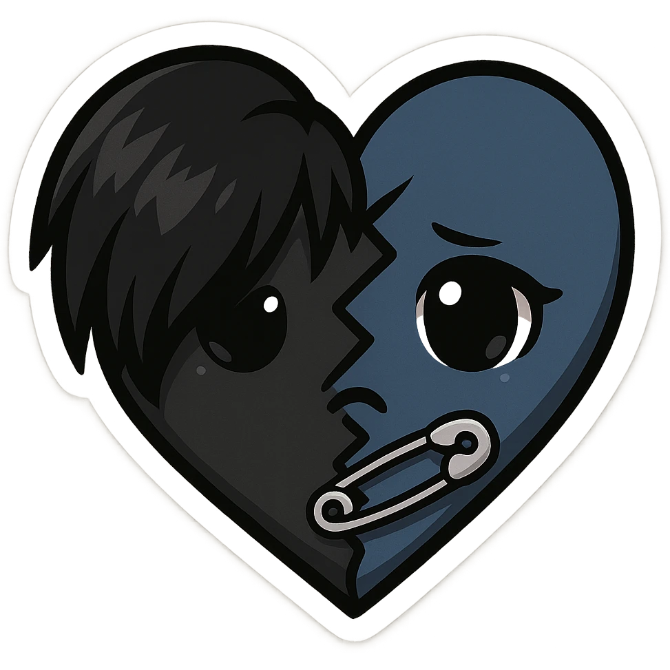 emo heart, jagged edges, black and blue, small safety pin, modern emo aesthetic, chibi style emoji