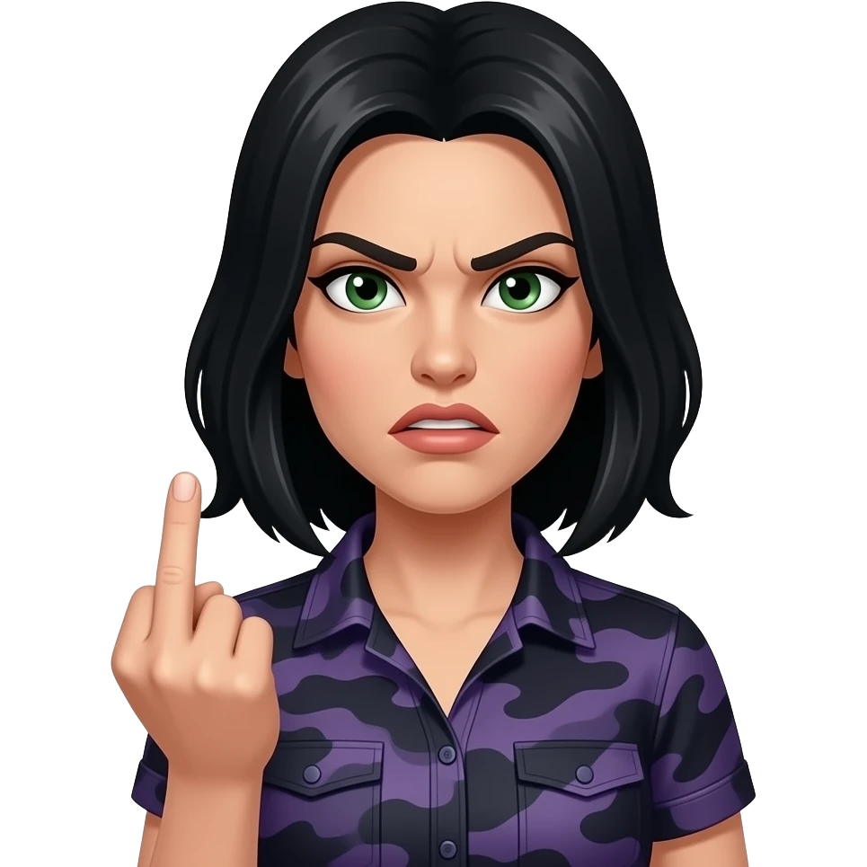 Angry Pale Woman with waist long black hair and green eyes and a dark purple camoflage shirt giving the finger emoji