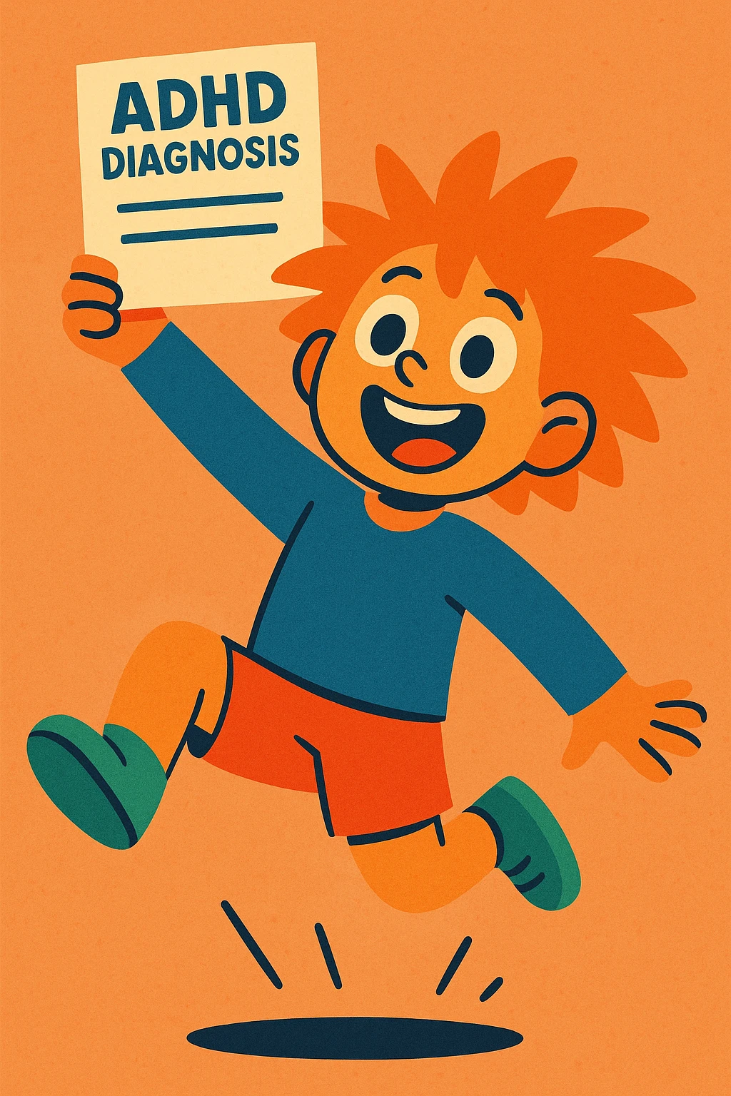 A child with wild hair and excited eyes, jumping up while holding a document that says 'ADHD Diagnosis', in a vibrant toon style emoji