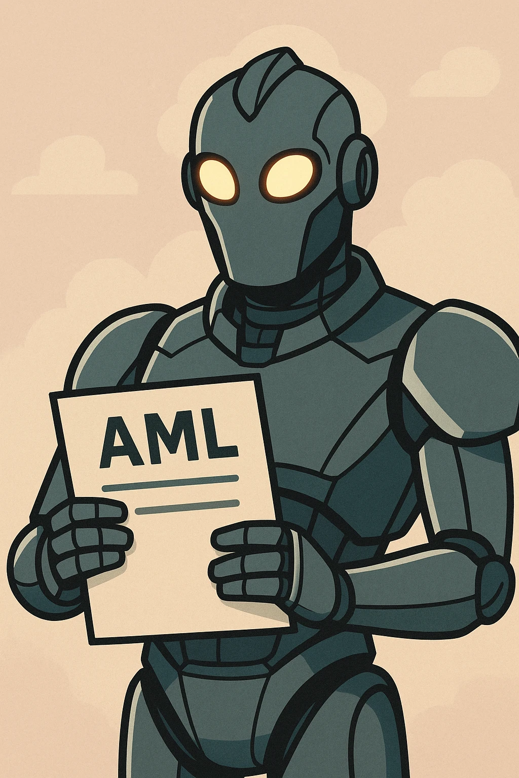 futuristic robot with glowing eyes holding a document marked AML representing the fight against money laundering and terrorism in a sleek professional style emoji