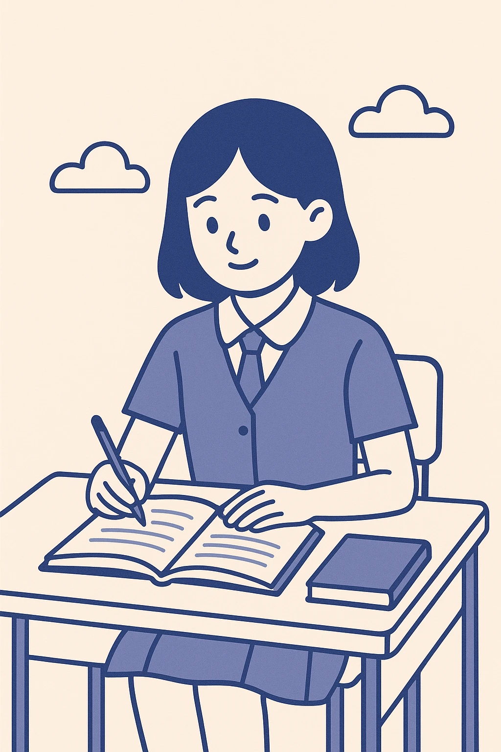 school girl in uniform studying, simple desk, clean lines, flat illustration style emoji