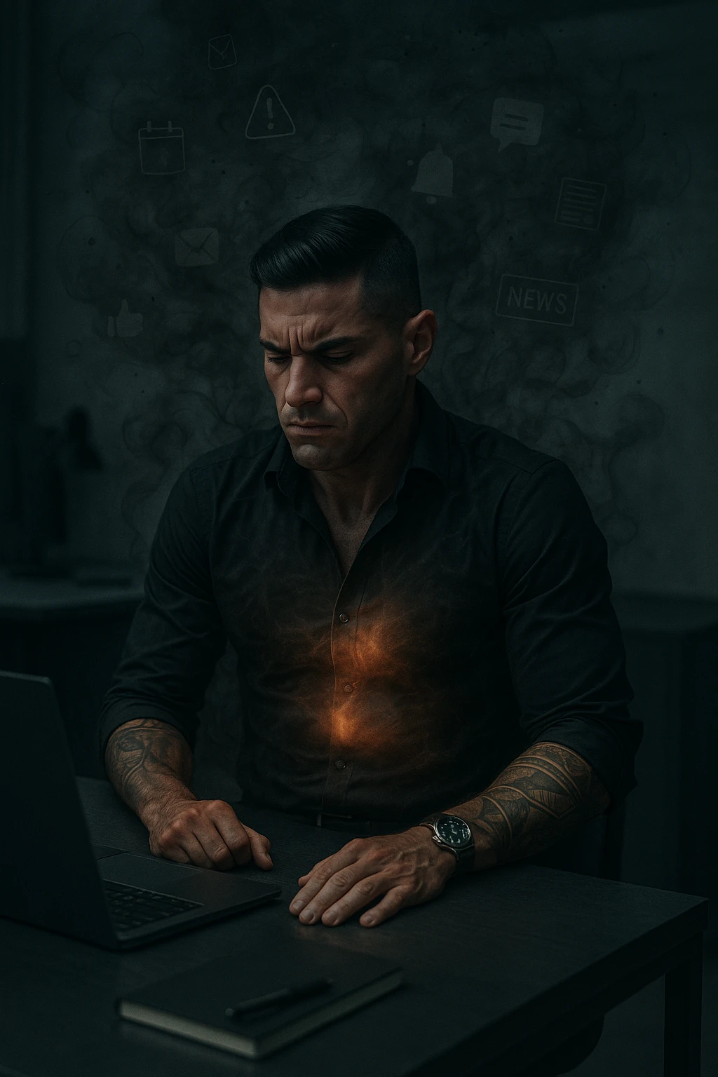 A highly realistic, cinematic image of a young man in his early 30s, sitting at a modern office desk under harsh artificial lighting, shoulders hunched, jaw clenched, and breathing shallowly, symbolizing how modern society forces people to live in a state of chronic tension and restricted breathing. Around him, faint black and grey visual elements represent notifications, deadlines, social media icons, and news alerts, swirling around his head like a chaotic storm, symbolizing societal pressure. His chest appears visually tight and compressed, and faint dark smoke emanates from his body, representing blocked breath and internalized stress. In contrast, a faint glowing light near his chest and abdomen tries to expand, symbolizing the innate desire of the body to breathe freely and deeply. The environment is cold and minimalistic, with a sense of stillness and tension, captured in a hyperrealistic 35mm film style with muted colors, focusing on the man's tense posture and restricted breathing to reflect the unseen burden of modern living. emoji
