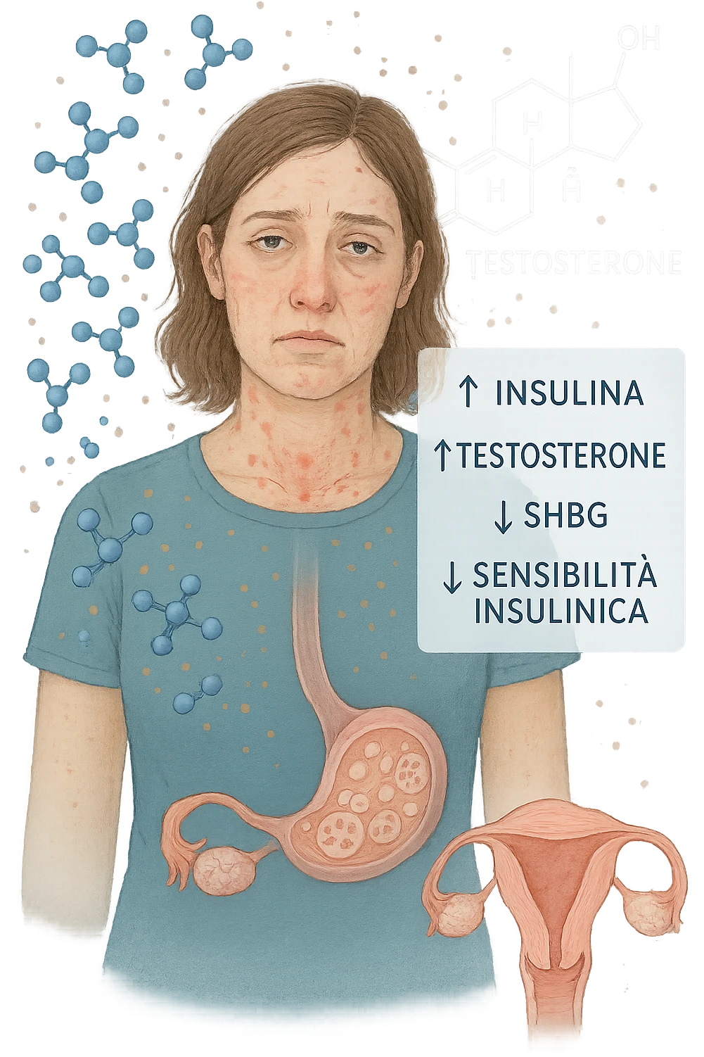 Donna tra i 25 e i 35 anni in primo piano, con espressione affaticata. Intorno al suo corpo appaiono in modo stilizzato e simbolico squilibri ormonali: molecole di insulina in eccesso fluttuano attorno, androgeni (testosterone) evidenziati sopra la testa, segnali visivi di infiammazione cronica lieve. Sopra le ovaie (visibili in trasparenza) compaiono piccole cisti multiple. Accanto a lei, un diagramma stilizzato mostra: '↑ Insulina', '↑ Testosterone', '↓ SHBG', '↓ Sensibilità insulinica'. L’atmosfera è scientifica, educativa ma empatica. Stile realistico con elementi infografici fluttuanti e colori freddi ma puliti. in italiano emoji