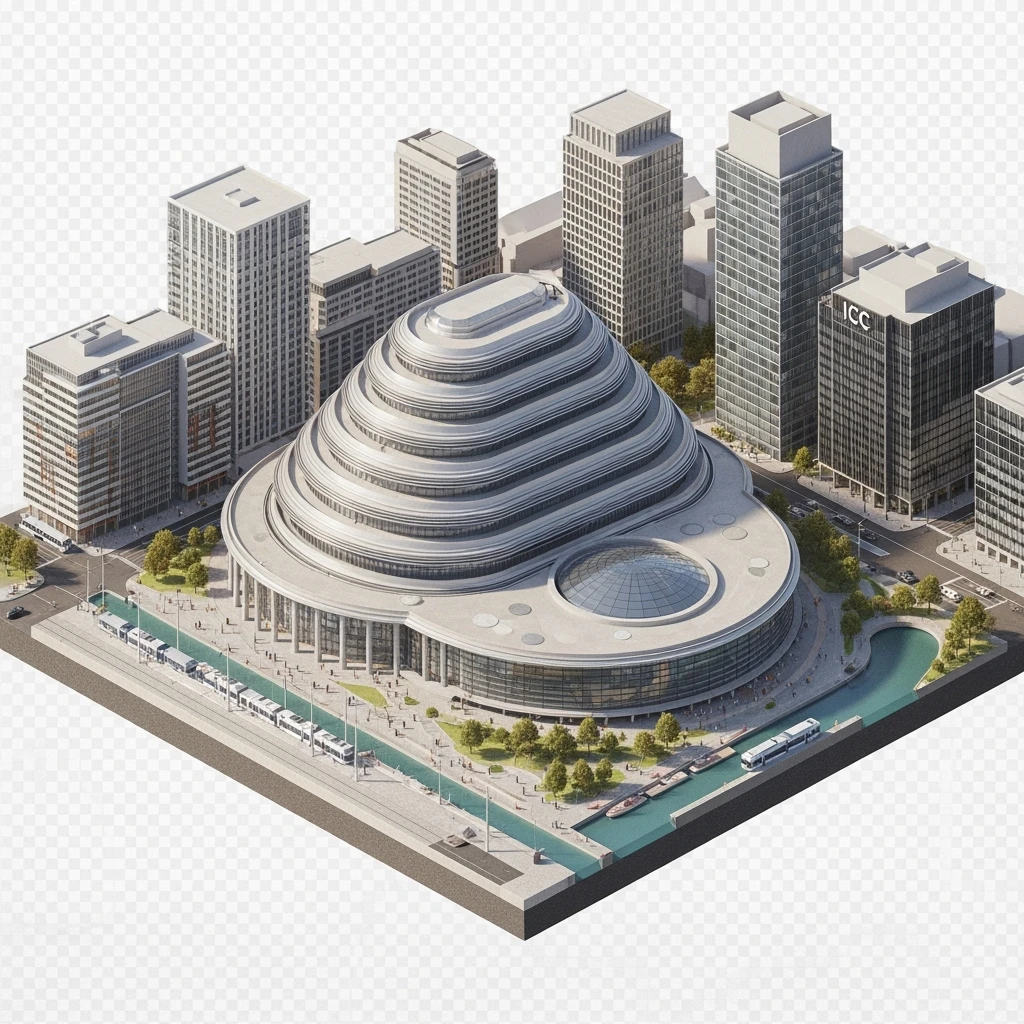 Isometric illustration of photorealistic Birmingham library highly detailed in semi-realistic, 3D miniature effect, transparent background. emoji