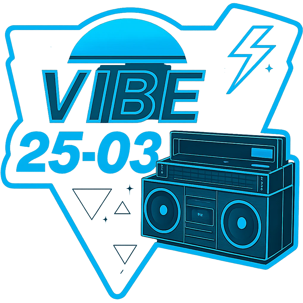 Edit the square VIBE25-03 neon 80's synthwave boombox logo by changing all neon yellow elements to neon blue while keeping the vibrant retro style. Maintain no background (transparent). emoji
