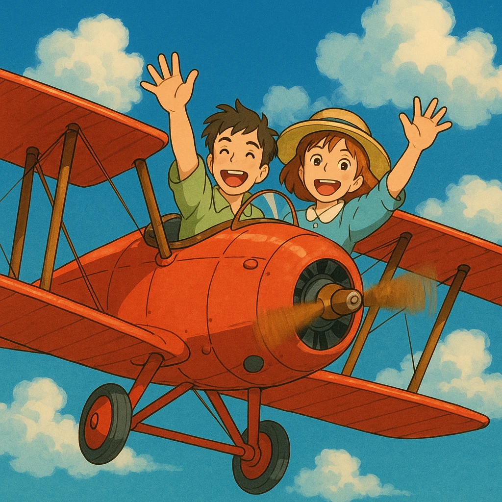 two happy people waving from a biplane, ghibli style emoji