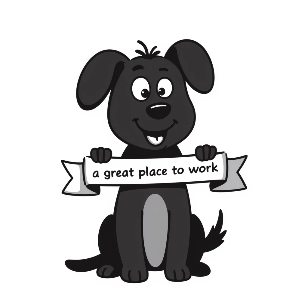 dog holding a ribbon with the text 'a great place to work' written in blue, hand drawn doodle style, notion style emoji