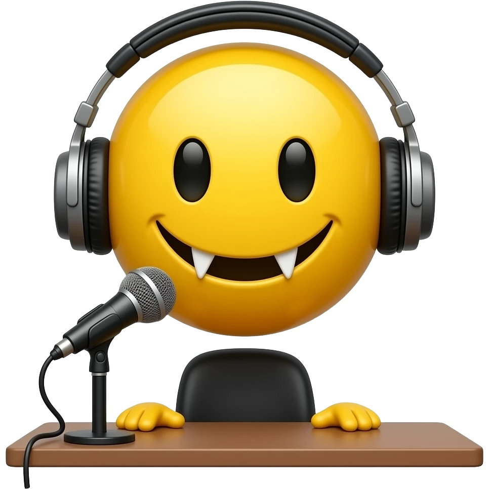Vampire yellow smiley face no hair and no desk with headphones and a standing desk microphone emoji