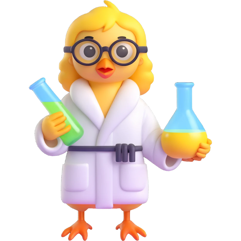 Add scientist glasses to the cartoon chick in a bathrobe holding chemical flasks and tubes, 3D style, no background. emoji