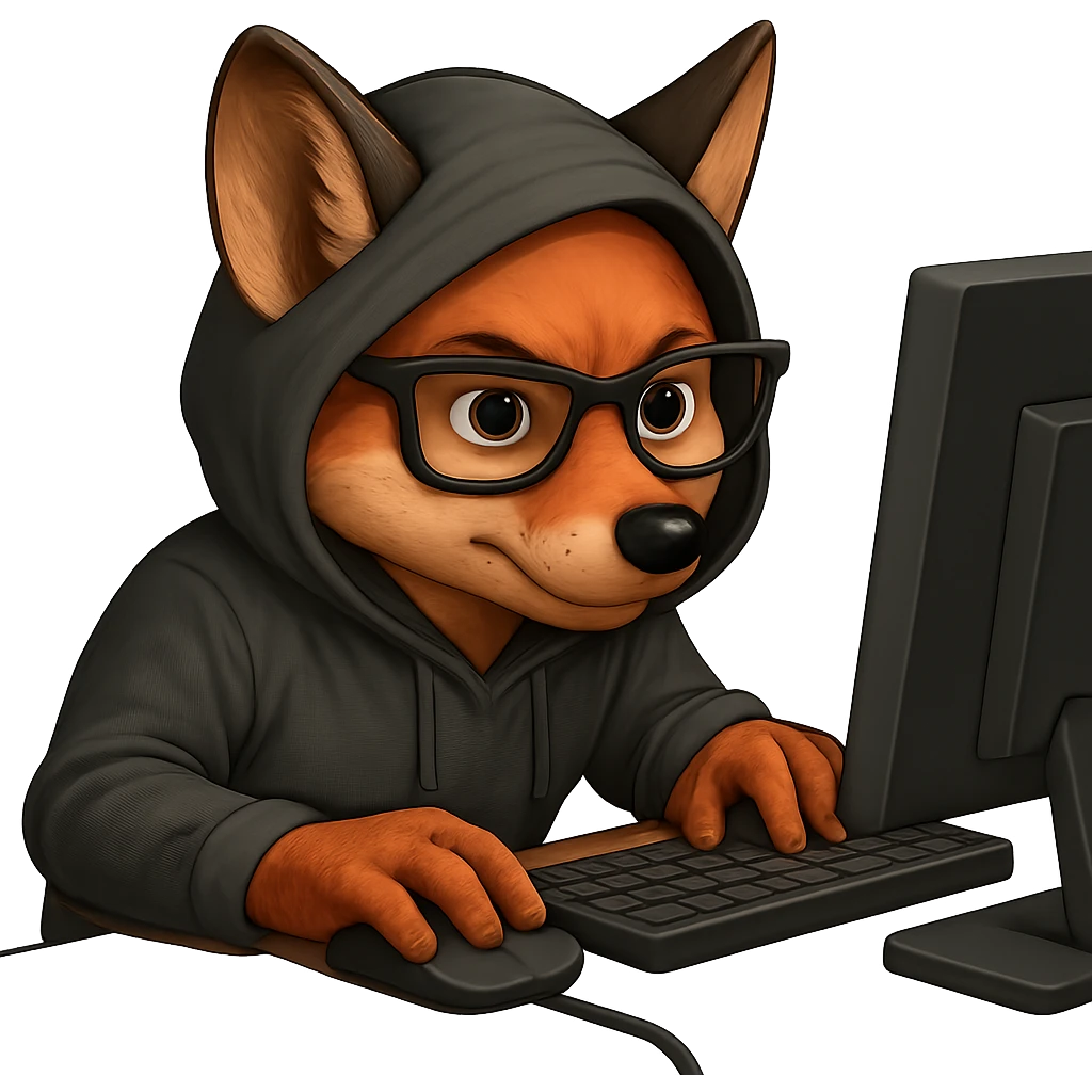 Make the fox realistic, a fox programmer hacker wearing a hoodie and glasses, sitting at a computer. Style: emoji style, no text, transparent background. emoji
