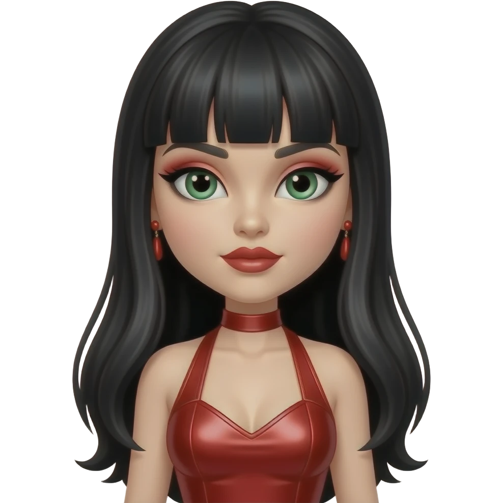 Jade from Bratz with white skin, green eyes, long black hair with bang, red eyeshadow, red lipstick, red metallic halter dress, red earrings emoji