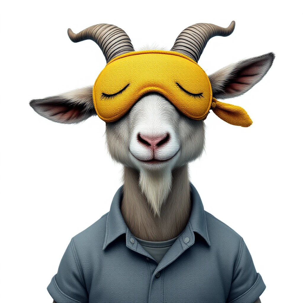 a goat with yellow sleep mask and wearing shirt, front view,  Frontal Top-Down Soft Light, white background, portrait, casual cartoon stylized emoji