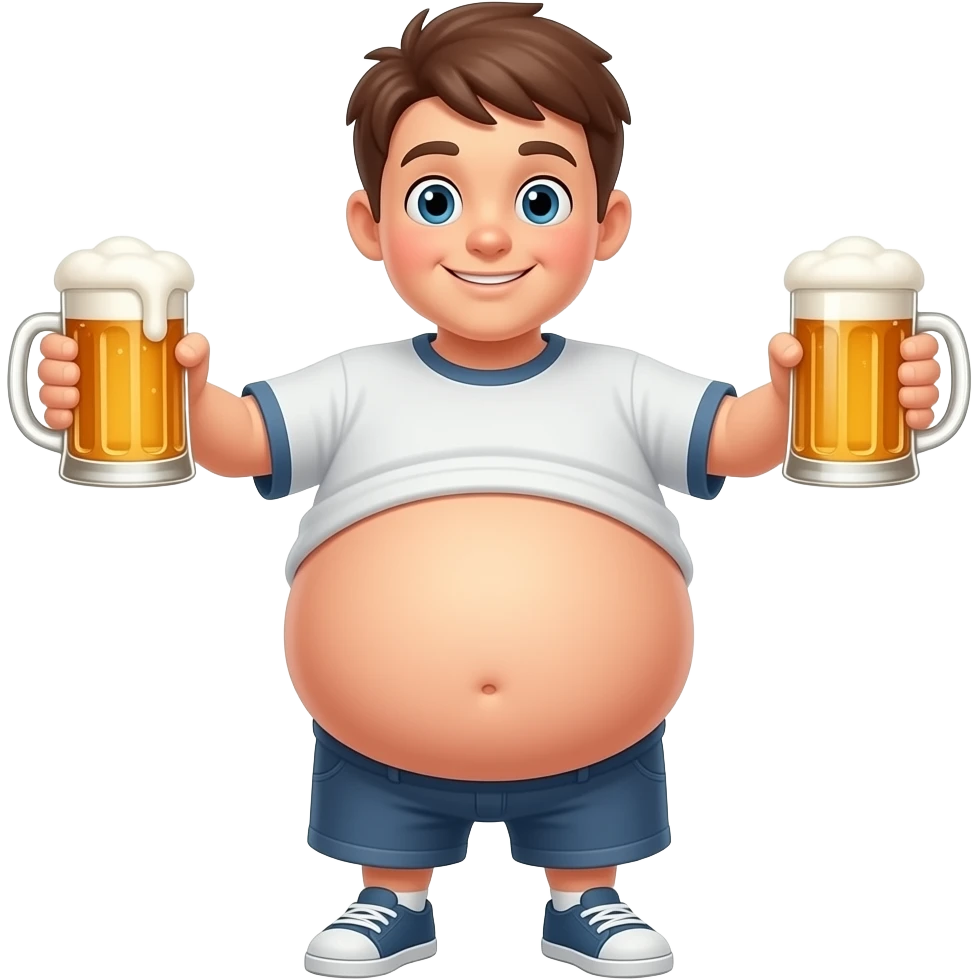Zrób chłopak 12 latek z piwny brzuchem🫄🏼 kształt jak piłka twarty brzuch i bardzo ogromny brzuch i trzyma oba piwa 🍻 emoji