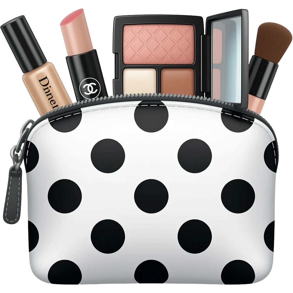white polka dot with black dots makeup pouch inside Dior and Chanel makeup products products highlighter palette blush etc the products inside the pouch emoji