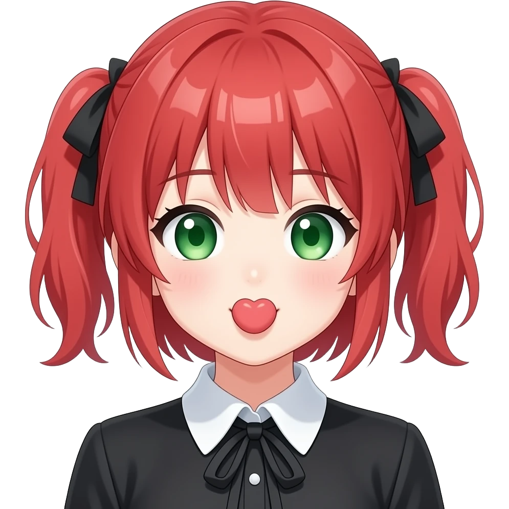anime girl kissy face red hair green eyes black blouse with white collar emoji